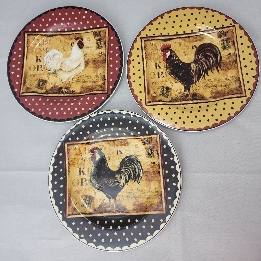 Sakura Retro Rooster Stoneware Salad Plates by Kimberly Poloson Bundle of 3